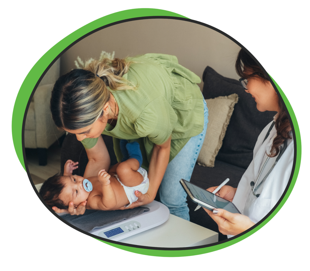 home visiting nurse with parent weighing baby on scale